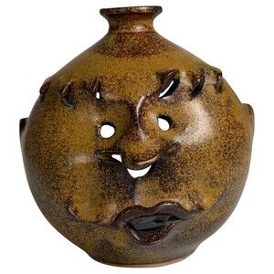 Whimsical Face Pottery Tea Candle Holder Handcrafted Ceramic Sculpture Art Funny